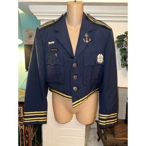 VINTAGE NAVY BLUE RAG RETRO MILITARY JACKET W/ PATCHES, PINS, GOLD RIBBON